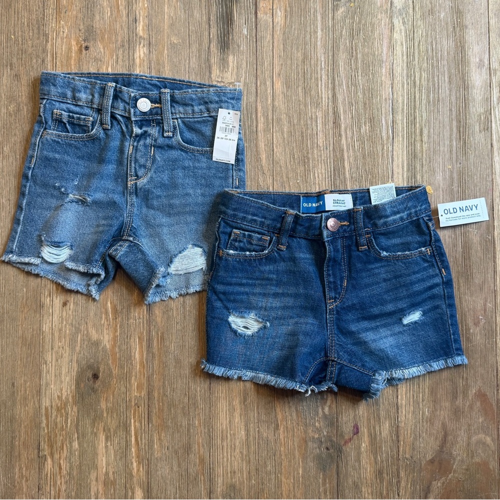 Old Navy Kids Denim Distressed Shorts Set of 2 Slouchy, Dark/Light Blue Size 3T